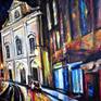 Night Rain in Lisbon' ORIGINAL acrylic cityscape painting - a street view in the centre of Lisbon in a night time. This painting was created under the strong impression of the picture of night lights in Lisbon in very special rainy winter weather - wet, windy with slightly cold temperature. When the contrast between cold and warm colours makes an unique atmosphere of this vintage, fantastic place.
This painting in pallet knife technique under strong influence from post impressionist art.