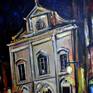 Night Rain in Lisbon' ORIGINAL acrylic cityscape painting - a street view in the centre of Lisbon in a night time. This painting was created under the strong impression of the picture of night lights in Lisbon in very special rainy winter weather - wet, windy with slightly cold temperature. When the contrast between cold and warm colours makes an unique atmosphere of this vintage, fantastic place.
This painting in pallet knife technique under strong influence from post impressionist art.