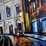 Night Rain in Lisbon' ORIGINAL acrylic cityscape painting - a street view in the centre of Lisbon in a night time. This painting was created under the strong impression of the picture of night lights in Lisbon in very special rainy winter weather - wet, windy with slightly cold temperature. When the contrast between cold and warm colours makes an unique atmosphere of this vintage, fantastic place.
This painting in pallet knife technique under strong influence from post impressionist art.