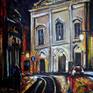 Night Rain in Lisbon' ORIGINAL acrylic cityscape painting - a street view in the centre of Lisbon in a night time. This painting was created under the strong impression of the picture of night lights in Lisbon in very special rainy winter weather - wet, windy with slightly cold temperature. When the contrast between cold and warm colours makes an unique atmosphere of this vintage, fantastic place.
This painting in pallet knife technique under strong influence from post impressionist art.