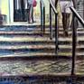 Watercolor ink painting inspired by unique atmosphere and vintage style of Lisbon city stairs. Probably no other city which has as many stairs as Lisbon. Every one can easily understand that it's a mix of European and Arabic architecture in Lisbon. Also 70-e vintage style cafes, restaurants and amazing graffiti on the street walls.