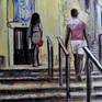 Watercolor ink painting inspired by unique atmosphere and vintage style of Lisbon city stairs. Probably no other city which has as many stairs as Lisbon. Every one can easily understand that it's a mix of European and Arabic architecture in Lisbon. Also 70-e vintage style cafes, restaurants and amazing graffiti on the street walls.