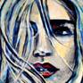 Acrylic painting, portrait of a blonde girl under heavy snow. Expressionistic piece inspired by rock music and fashion photography.