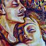 Abstract expressionistic painting inspired by vintage photographs and early 20 century art. This piece of art is a portrait of an imaginated couple on abstract background symbolised 'unity of souls' both spiritually and phisically. Also inspired by Gustav Klimt's and Russian painter Kuzma Petrov-Vodkin paintings.