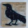 Vintage Shakespeare book page, Macbeth, on wood panel. A crow filled with the night sky and the constellation Corvus. 
Edges painted black, varnished, ready to hang.
Part of a series of mini collage paintings combining vintage books and nature and wildlife images.