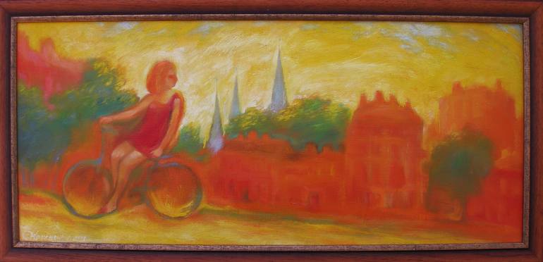 Original Impressionism Bicycle Painting by Olena Kamenetska-Ostapchuk