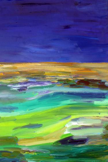 Sunset Farmland Abstract Landscape Composition In Deep Blue Green And Gold thumb