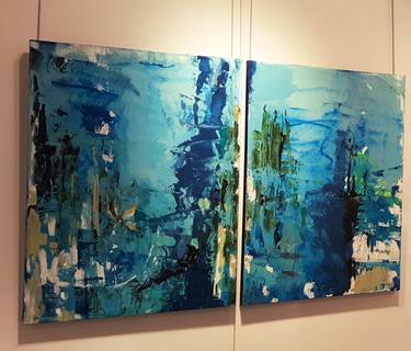 Water Reflection, Large Painting,40x60 Blue Abstract Diptych thumb