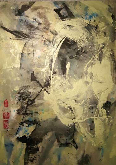 Gold Syne- yellow-black-gray-Asian, large abstract painting by Twyla; thumb