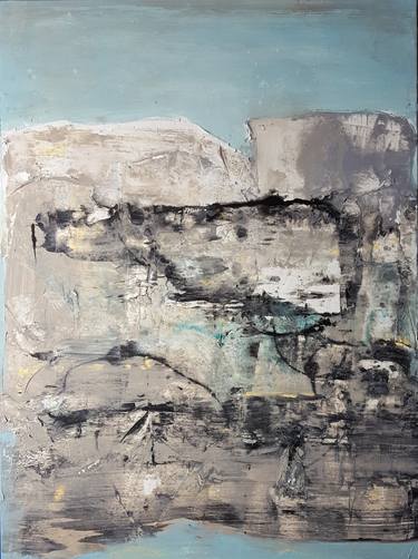 "Zen Rock"- textural abstract landscape- mountain- blue-taupe-blue-brown-grey-black thumb