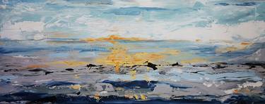 Rural Sea Themed Print Vintage Ocean Blue Landscape Painting Moody Coastal Painting #34 Muted Seashore Painting
