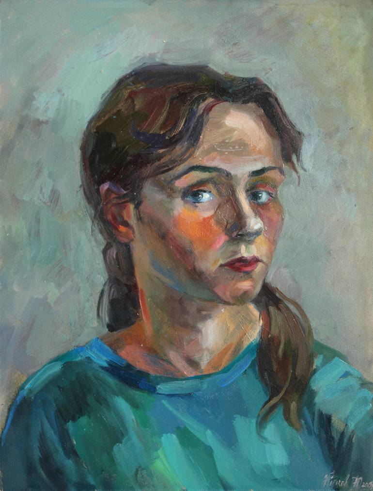 Self portrait in a turquoise Painting by Juliya ZHUKOVA | Saatchi Art