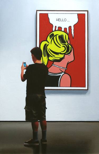 Hello (Boy fiddling with phone in front of painting by Roy Lichtenstein) thumb
