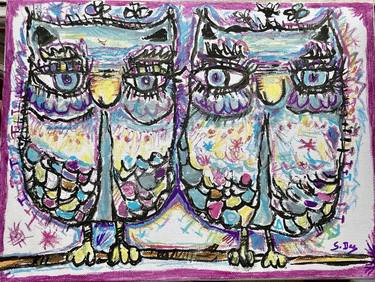 OWLS birds colored acylic on canvas thumb