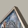 Detail of frame corner; weathered grey wood sides , silver colored  metal  front rubbed with gold.;