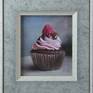 Acrylic on linen-covered card.  Small painting of a raspberry and chocolate cupcake.
Framed in a grey and pale blue flecked wooden framed and ready to hang.