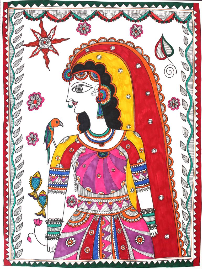 Original Madhubani Painting Indian Village Woman Portrait Watercolor ...