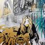 This painting mixes city and jungle creating an actual urban jungle where a city girl hides behind a wild mistrustful tiger who is eying what's ahead of them. She relies on him to judge what's coming. The tiger here being the raw materialisation of her instincts.
It encourages people to trust their instinct which too often gets wrongly ignored.