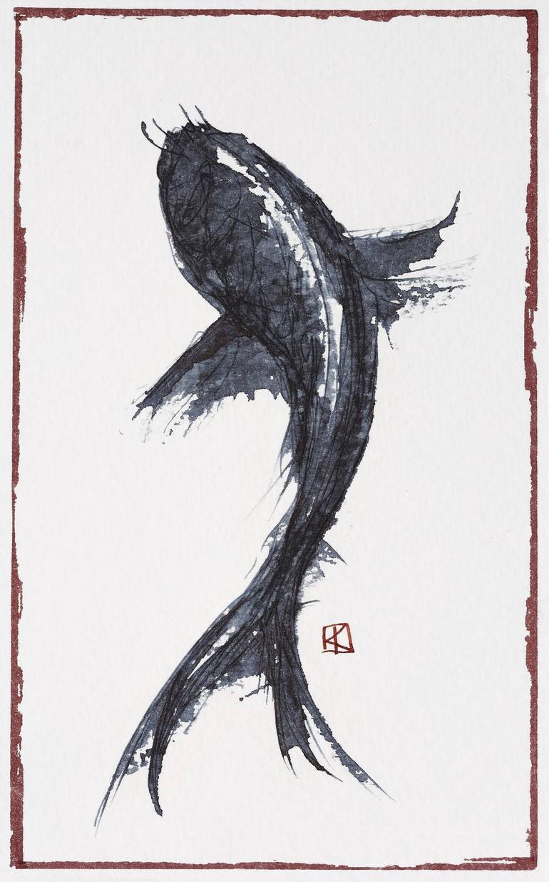 Sumi E Style Koi Fish Fountain Pen Drawing Painting Drawing By Tas Kyprianou Saatchi Art