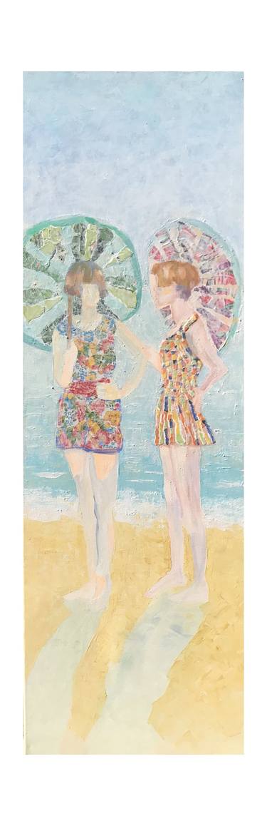 Saatchi Art Artist Hester van Dapperen; Paintings, “girls with Parasols on the beach (painting with collage)” #art