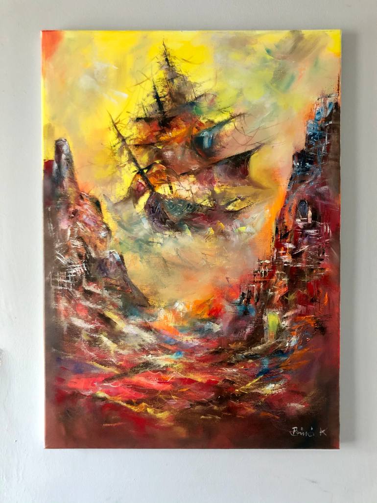 Original Abstract Boat Painting by Konrad Biro