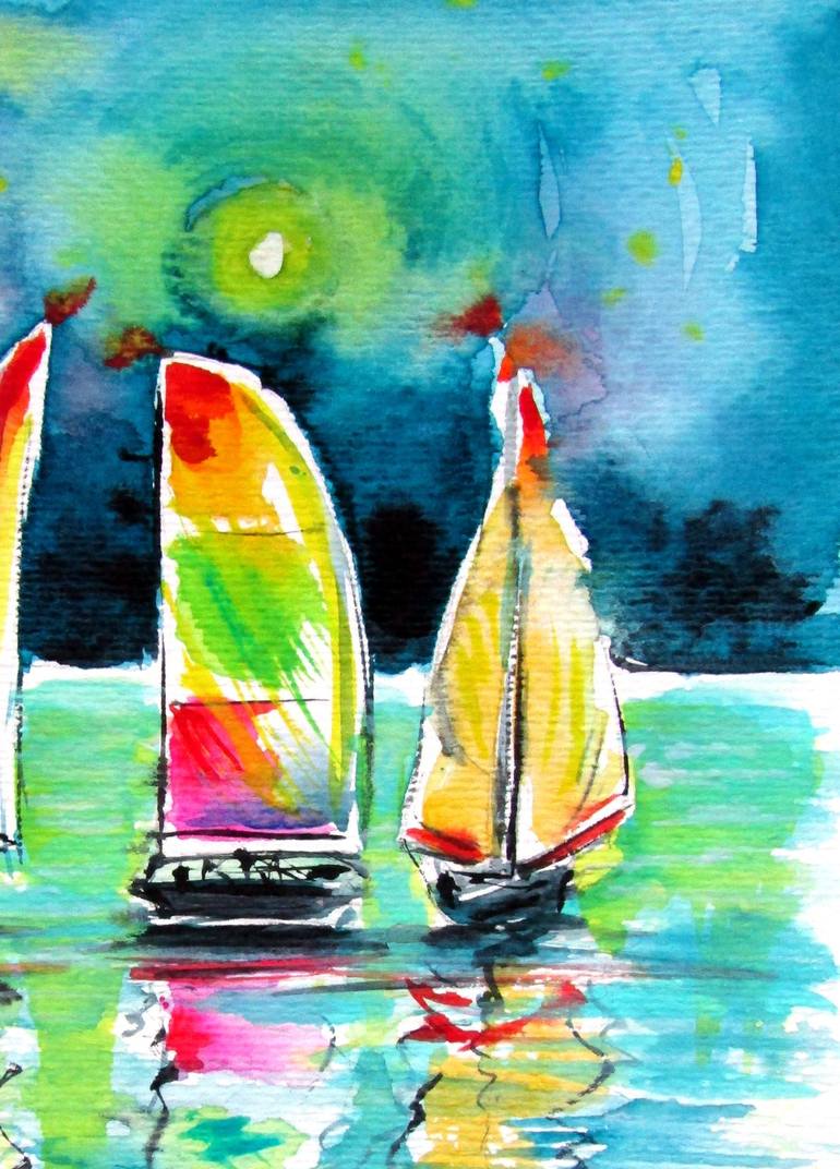 Original Impressionism Boat Painting by Kovacs Anna Brigitta