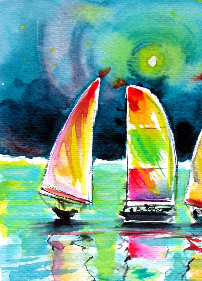 Original Impressionism Boat Painting by Kovacs Anna Brigitta