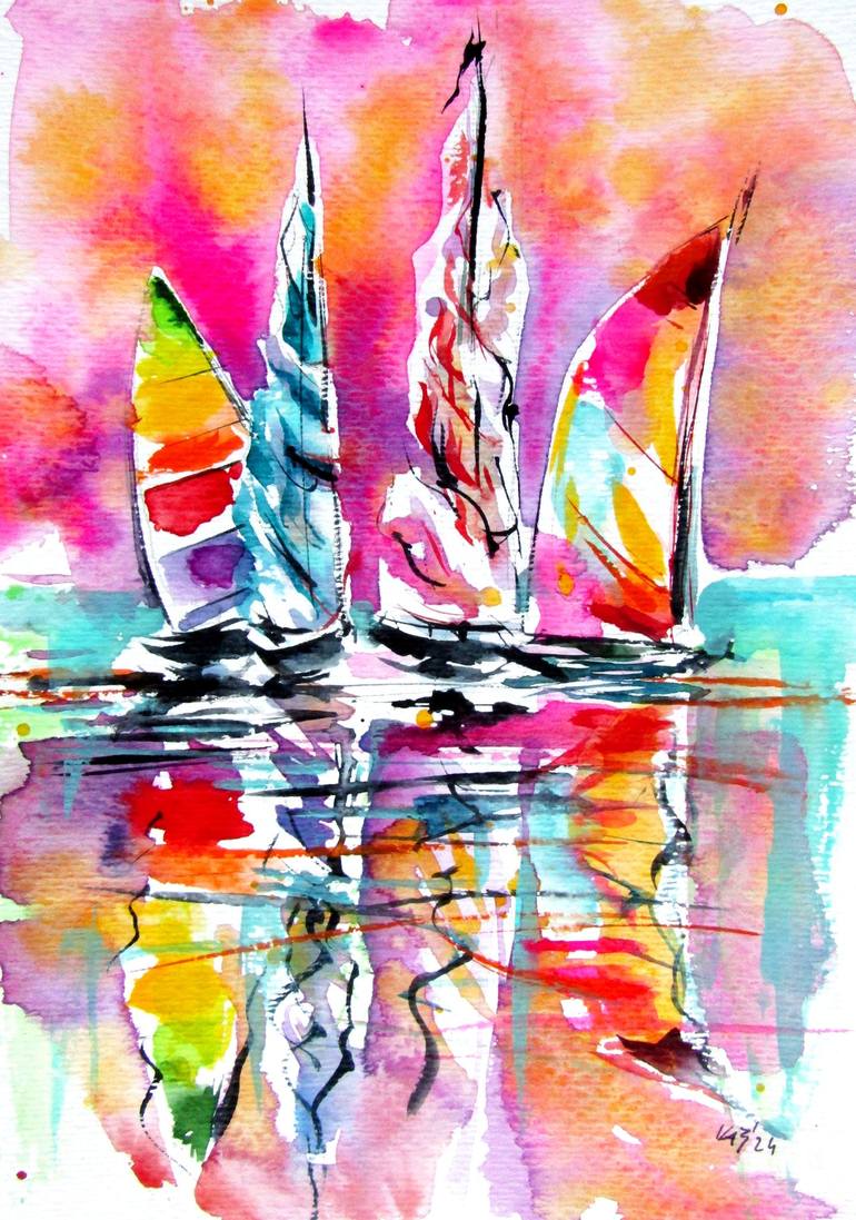 Print of Impressionism Boat Paintings by Kovacs Anna Brigitta
