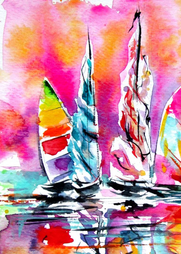 Original Impressionism Boat Painting by Kovacs Anna Brigitta