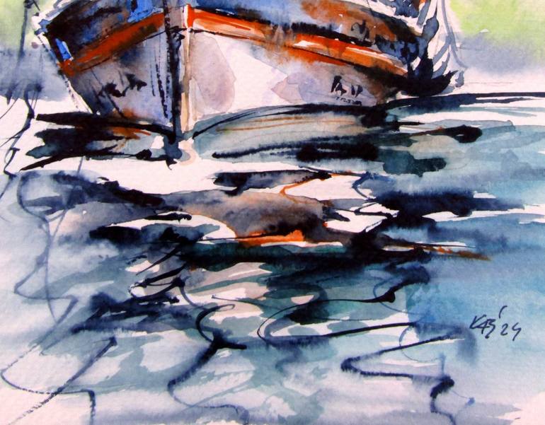 Original Impressionism Boat Painting by Kovacs Anna Brigitta