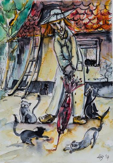 Cats - original watercolour painting illustration art by KAB 7 x 10 inch thumb