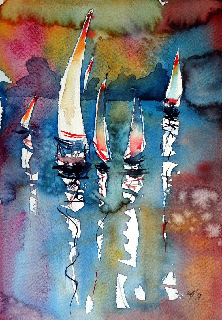 Sailboats II Painting by Kovacs Anna Brigitta | Saatchi Art