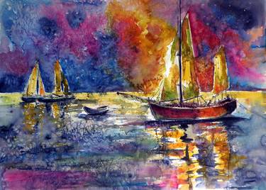 Original Impressionism Boat Paintings by Kovacs Anna Brigitta
