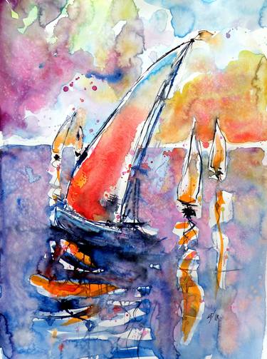 Original Impressionism Sailboat Paintings by Kovacs Anna Brigitta