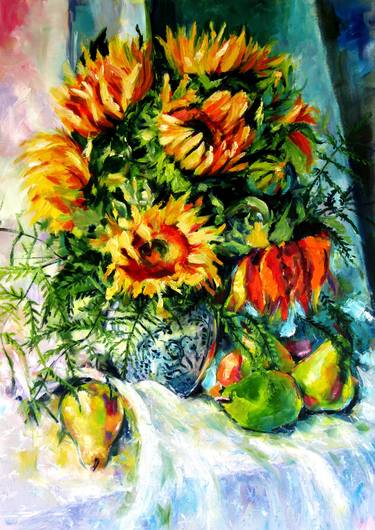 Still life with sunflowers and fruits thumb