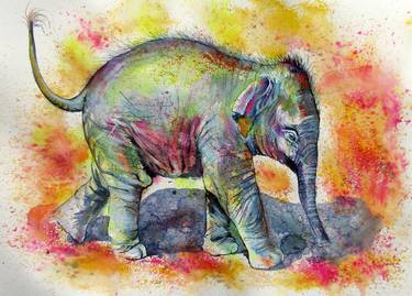 Colorful elephant walking alone thumb