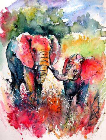 Colorful elephant with baby on the field thumb