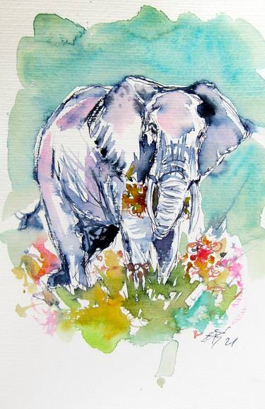 Elephant with flowers thumb
