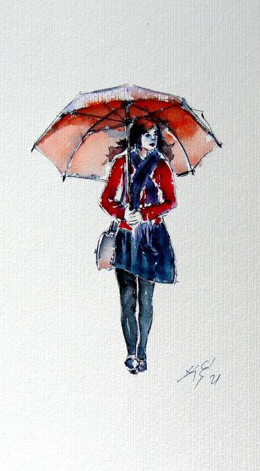 Walking girl with umbrella thumb