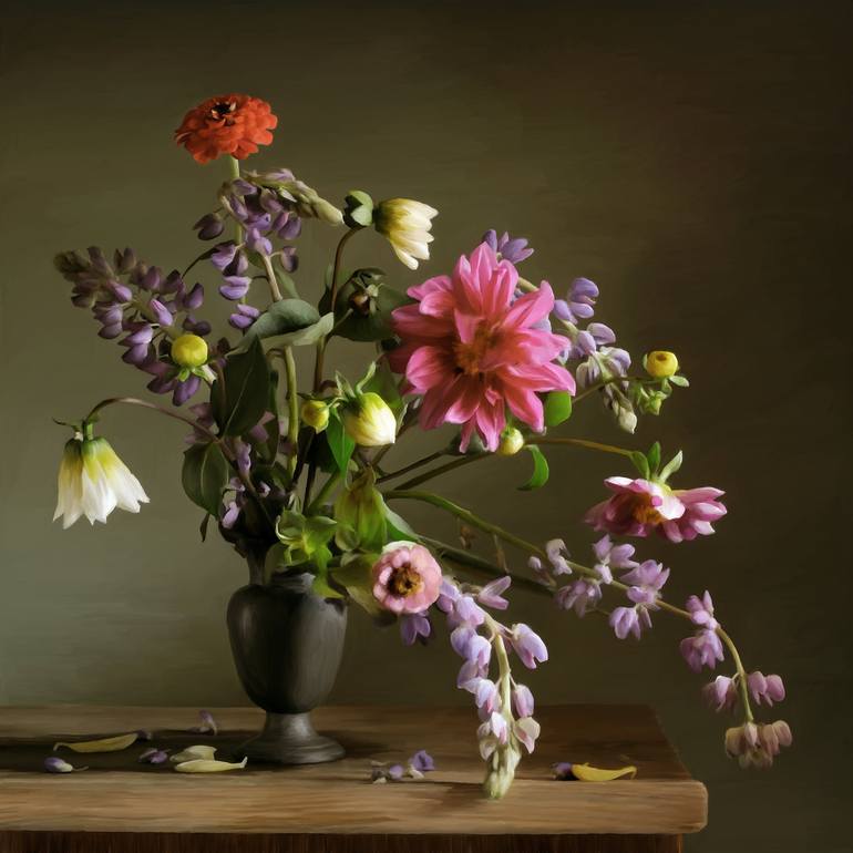 Pink Dahlias Still Life Painting by Kaley Rhodes | Saatchi Art