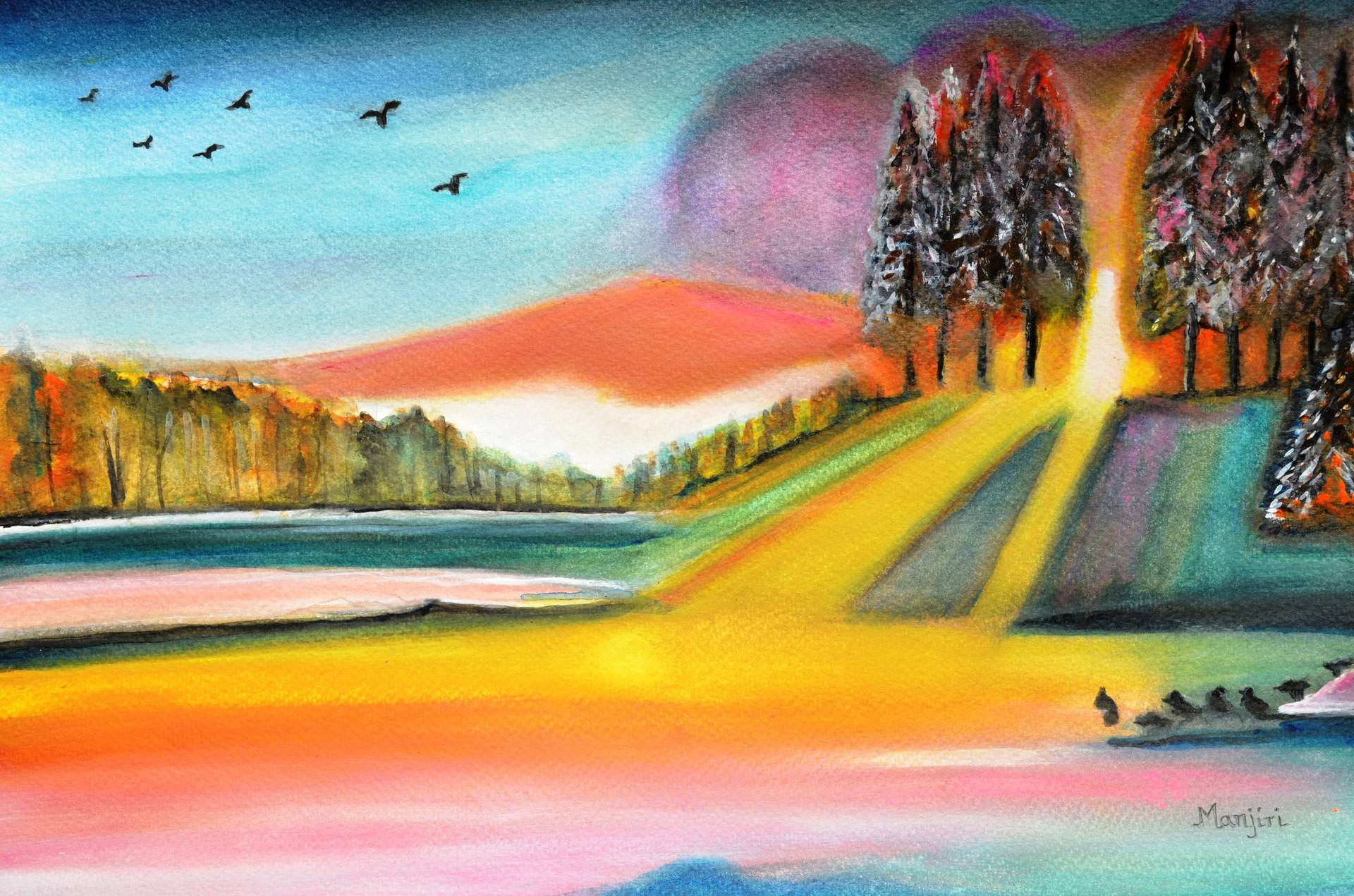 Oil Pastel Vibrant Sunset Landscape Painting for beginners