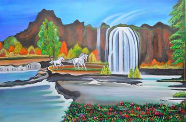 Landscape with Waterfall horses and Garden thumb