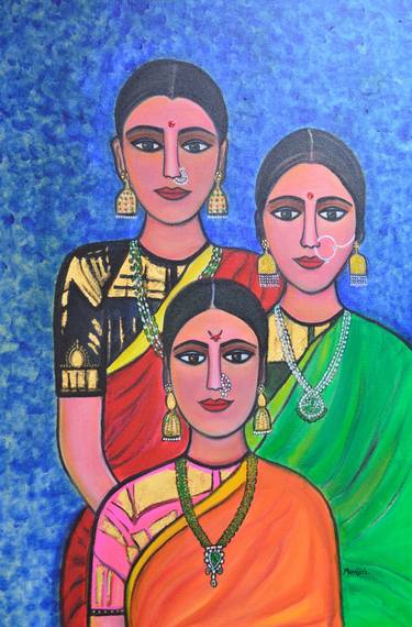 Three Friends Radiant Elegance Acrylic Indian painting thumb