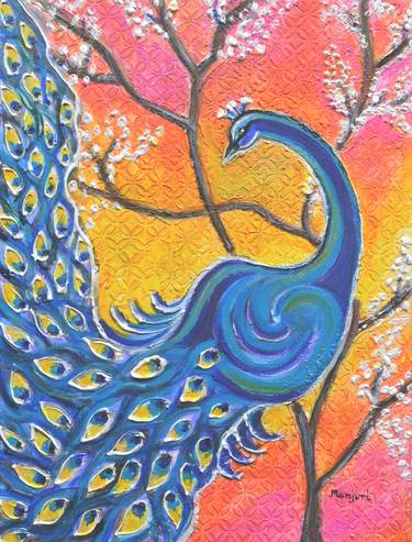 Majestic Peacock textured colorful painting thumb