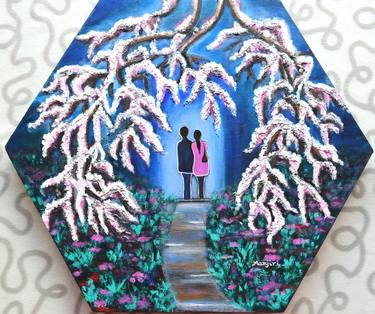 Romance under the Cherry Blossom colorful hexagonal romantic painting thumb
