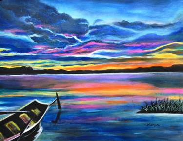 Left Alone A vibrant and colorful seascape Boat Painting At Sunset thumb