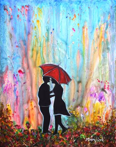 Couple on a Rainy Date romantic painting for valentine gift thumb