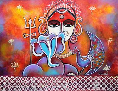 Ganesha and mom Parvati with Shiva trishul and peacock thumb