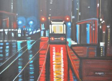 Wet Tram rainy Landscape on canvas thumb