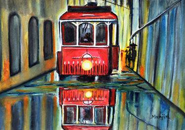RED TRAM RAINY LANDSCAPE WATERCOLOR PAINTING ON SALE thumb